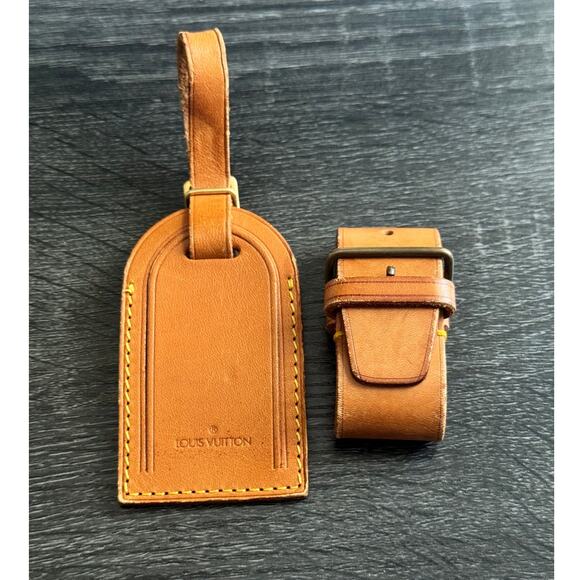 Authentic Louis Vuitton Vachetta Leather Name Luggage Tag And Poignet Set SN927 - Picture 1 of 5